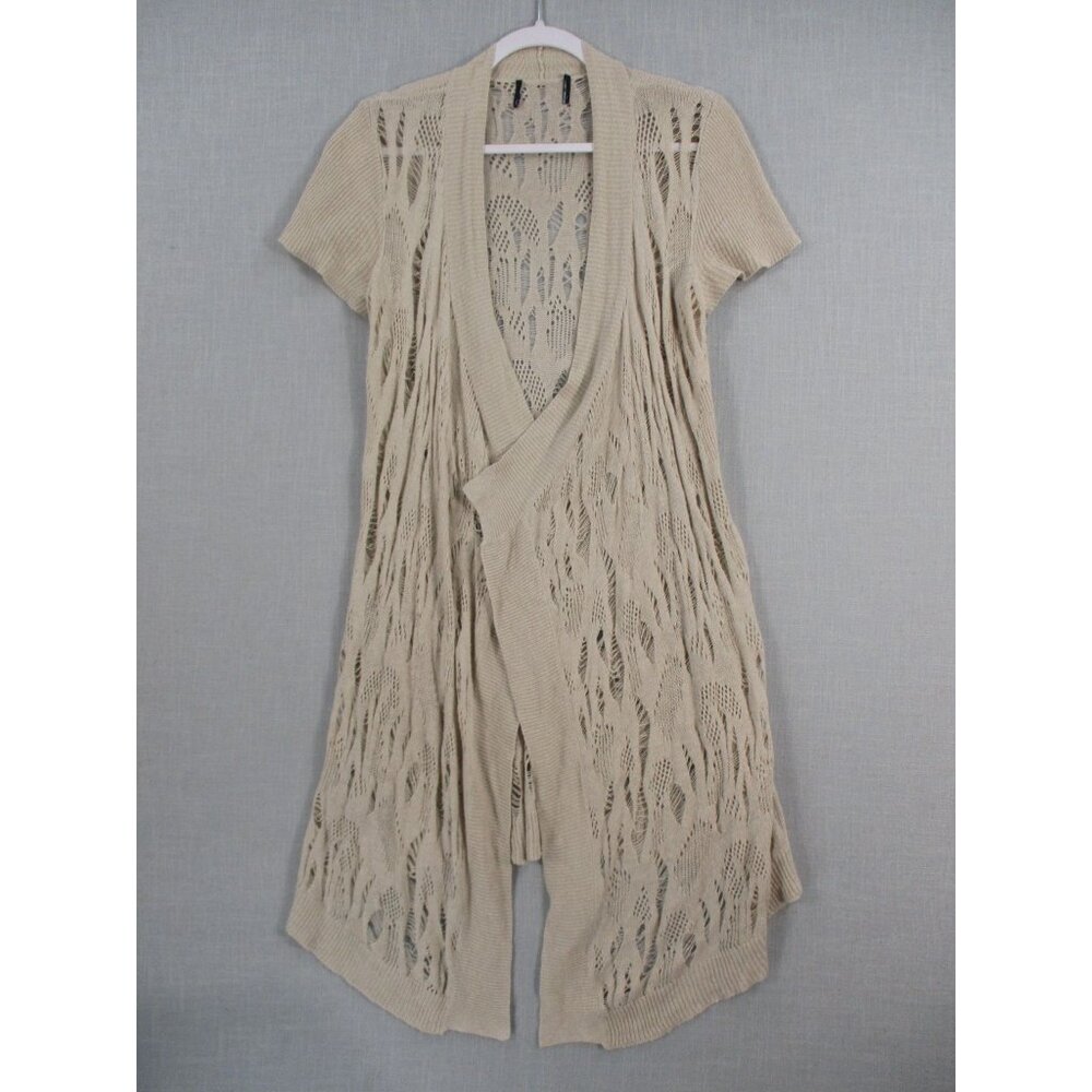 Open Knit Beige Short Sleeve Cardigan Sweater With Draped Front And Leaf Pattern